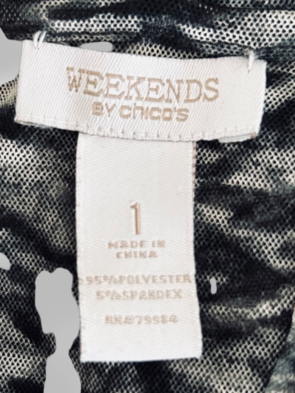 4/$20 Chico’s Weekends Hooded Snap Front Mesh Jacket Top Gray Abstract Print M - Picture 8 of 9